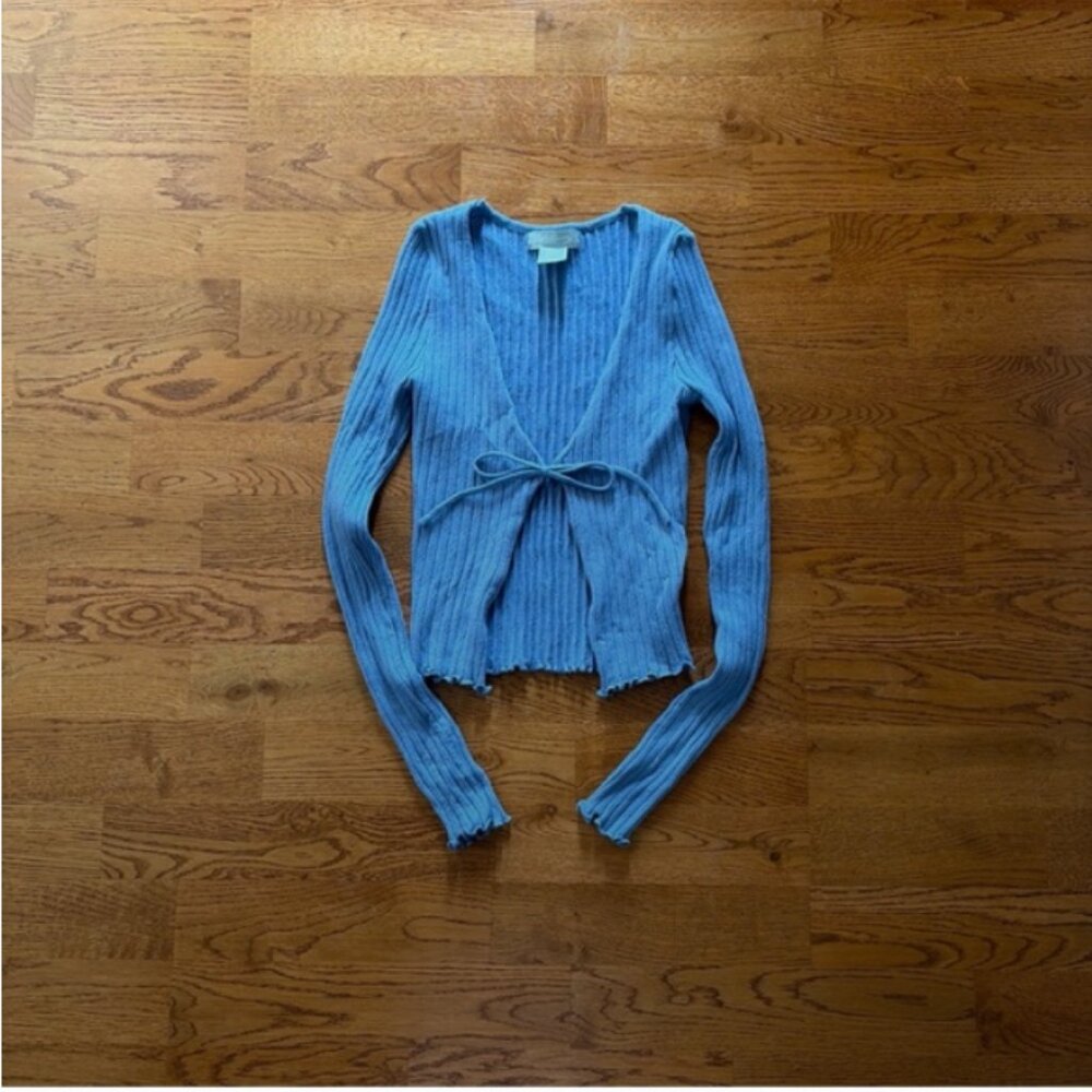 Sky & Sparrow Cardigan Sweater Women Knit Open Blue Tie Front Pointelle Ribbed